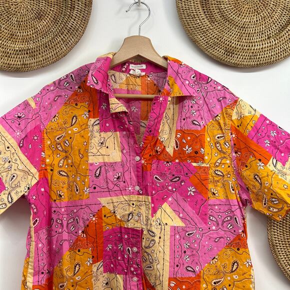 Aerie Colorful Paisley Summer Tropical Print Button Up Short Sleeve Top Small - Picture 3 of 7